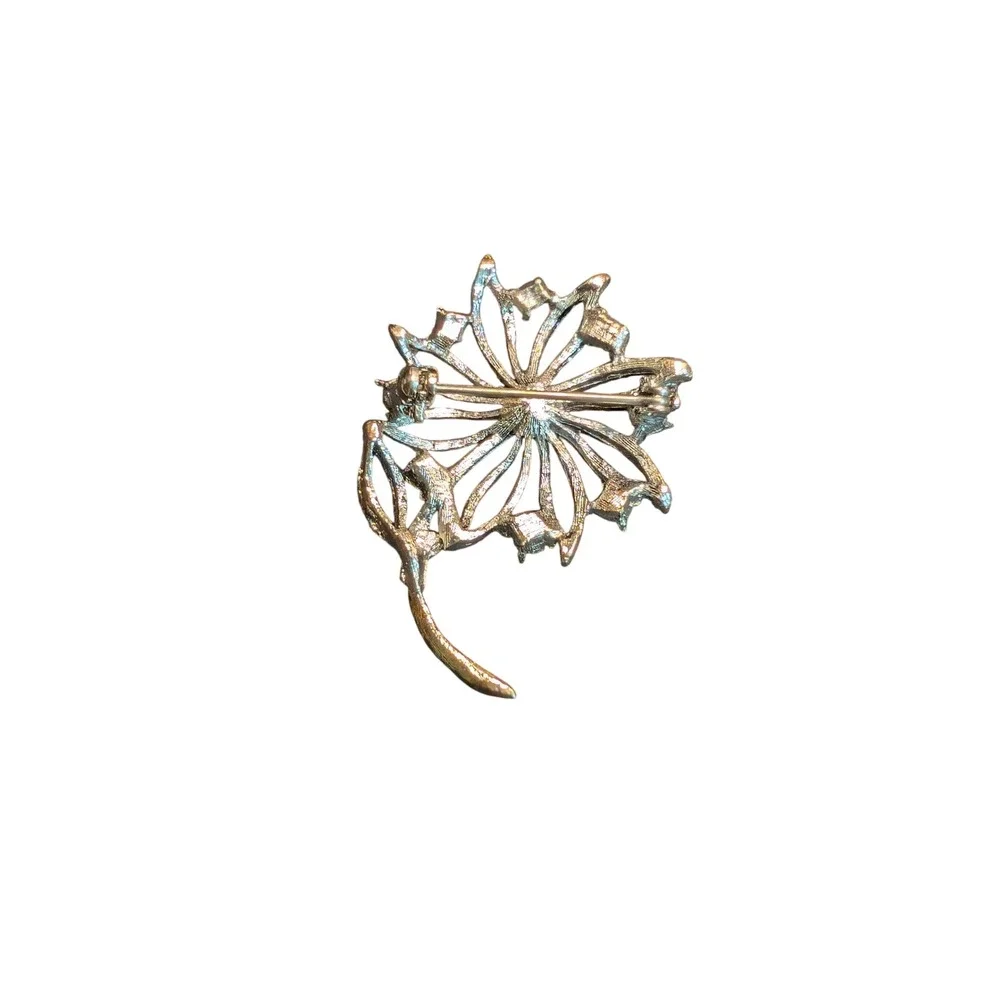 Vintage Silver Tone Green Rhinestone Floral Spray Brooch Pin 2 Inch